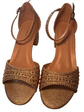 Smartty Rose Gold Glitter Block Heel Sandals with Rhinestones